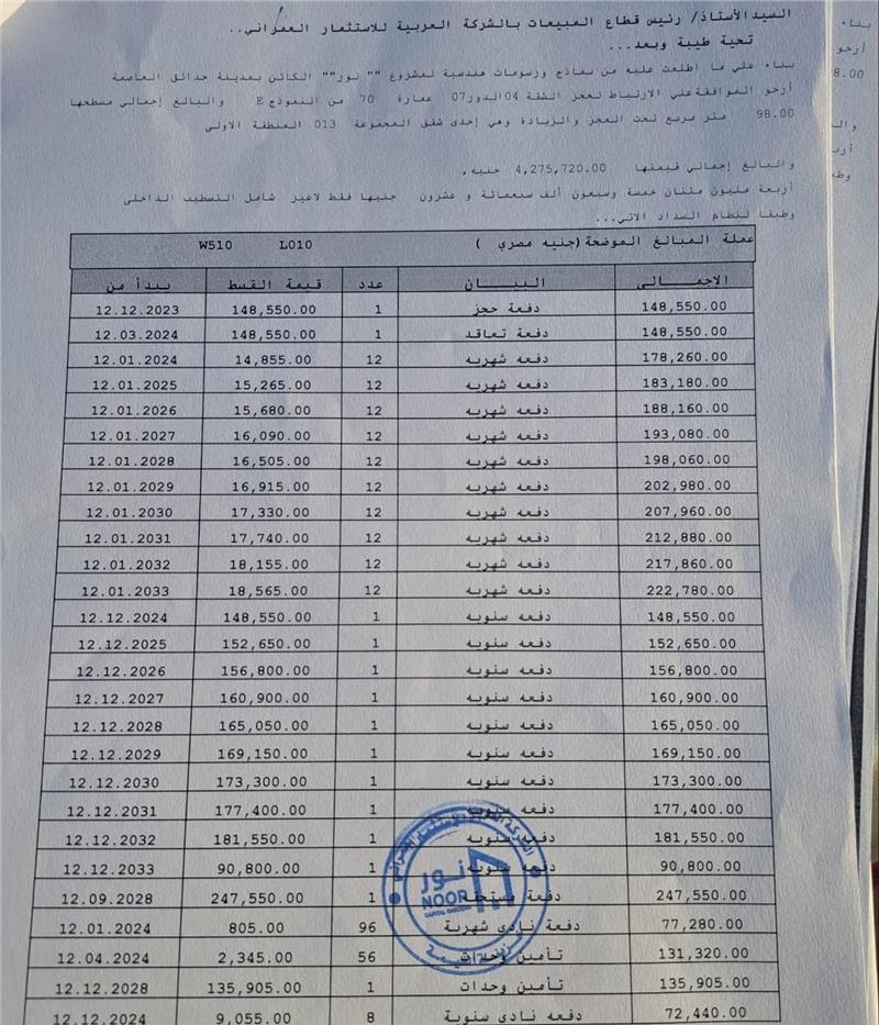 شقة فى مشروع نور - حدائق العاصمة الادارية 98 م2 شرقي وقبلي للبيع تقسيط كود 49679