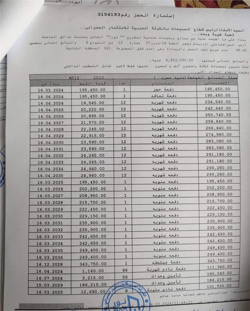 شقة فى مشروع نور - حدائق العاصمة الادارية 98 م2 للبيع تقسيط كود 50565