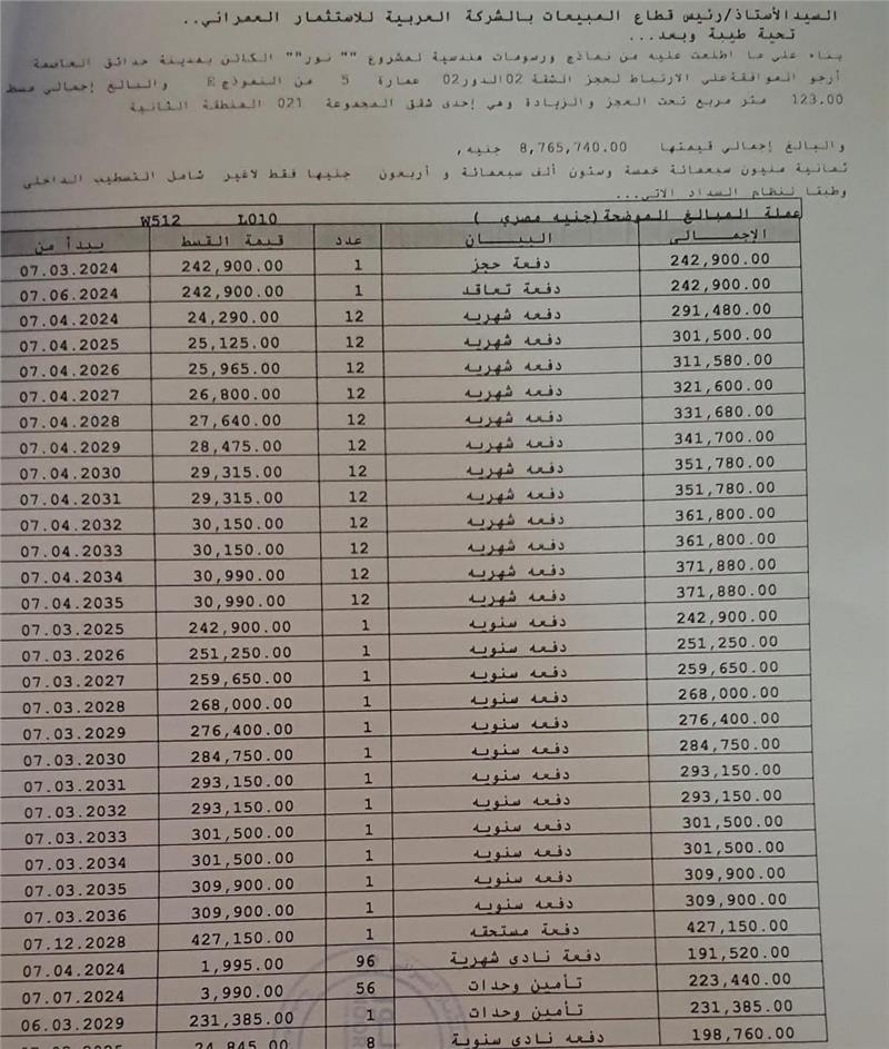 شقة فى مشروع نور - حدائق العاصمة الادارية 123 م2 قبلى للبيع تقسيط كود 51036