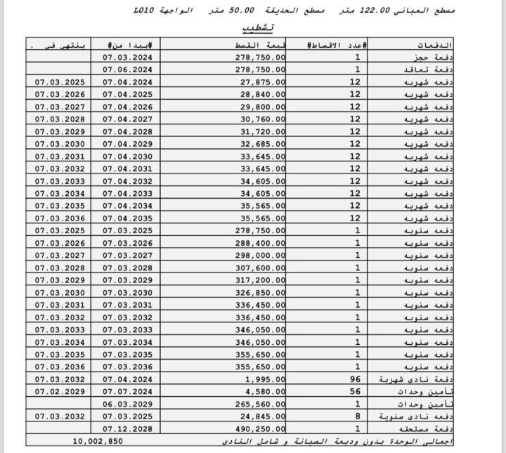 شقة فى مشروع نور - حدائق العاصمة الادارية 122 م2 بحرى للبيع تقسيط كود 51266