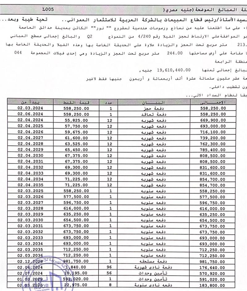 فيلا فى مشروع نور - حدائق العاصمة الادارية 244 م2 قبلى للبيع تقسيط كود 51845