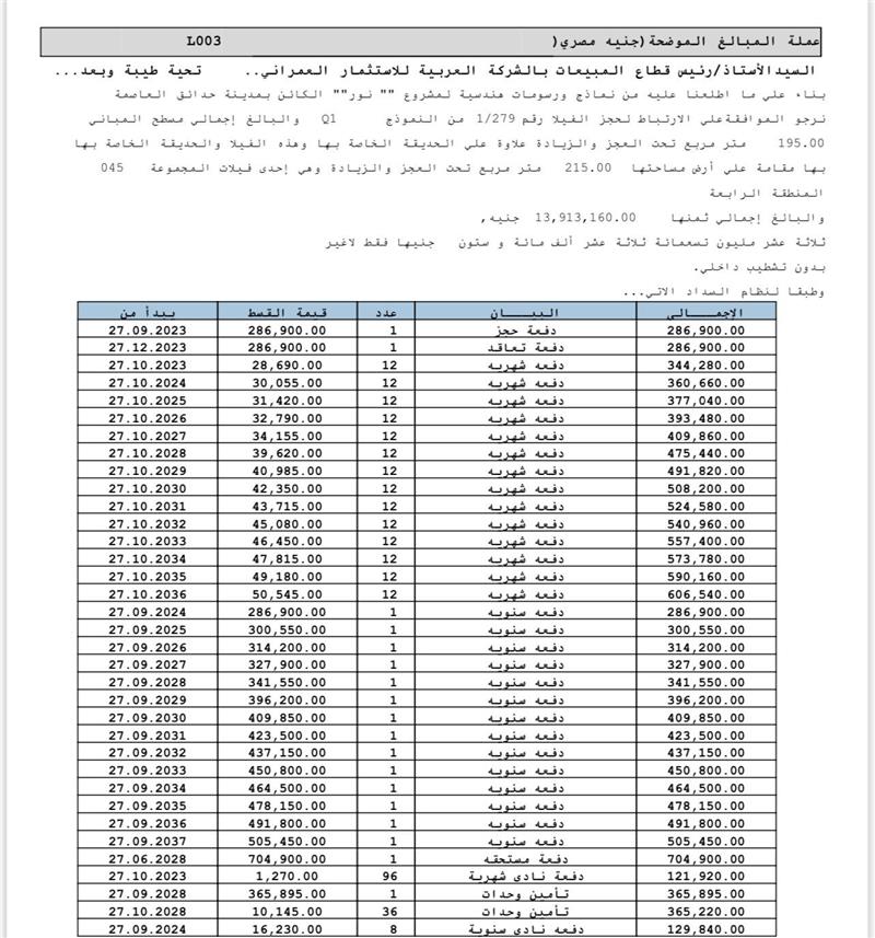 فيلا فى مشروع نور - حدائق العاصمة الادارية 215 م2 بحرى للبيع تقسيط كود 52283