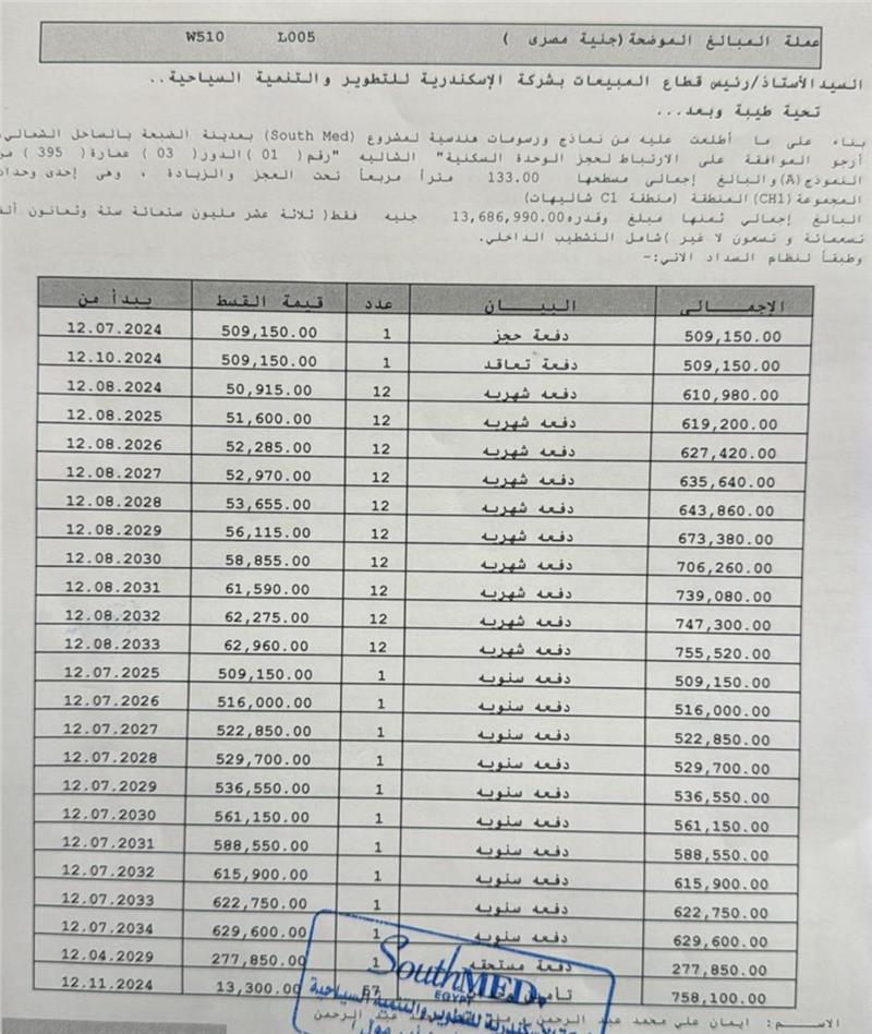 شالية فى ساوث ميد 133 م2 بحرى للبيع تقسيط كود 52414