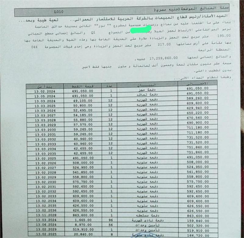 فيلا فى مشروع نور - حدائق العاصمة الادارية 217 م2 بحرى للبيع تقسيط كود 52654