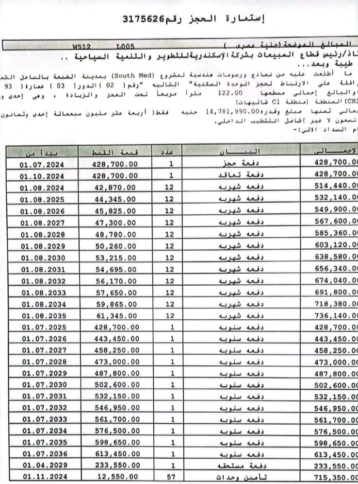 شالية فى ساوث ميد 122 م2 بحرى للبيع تقسيط كود 52703