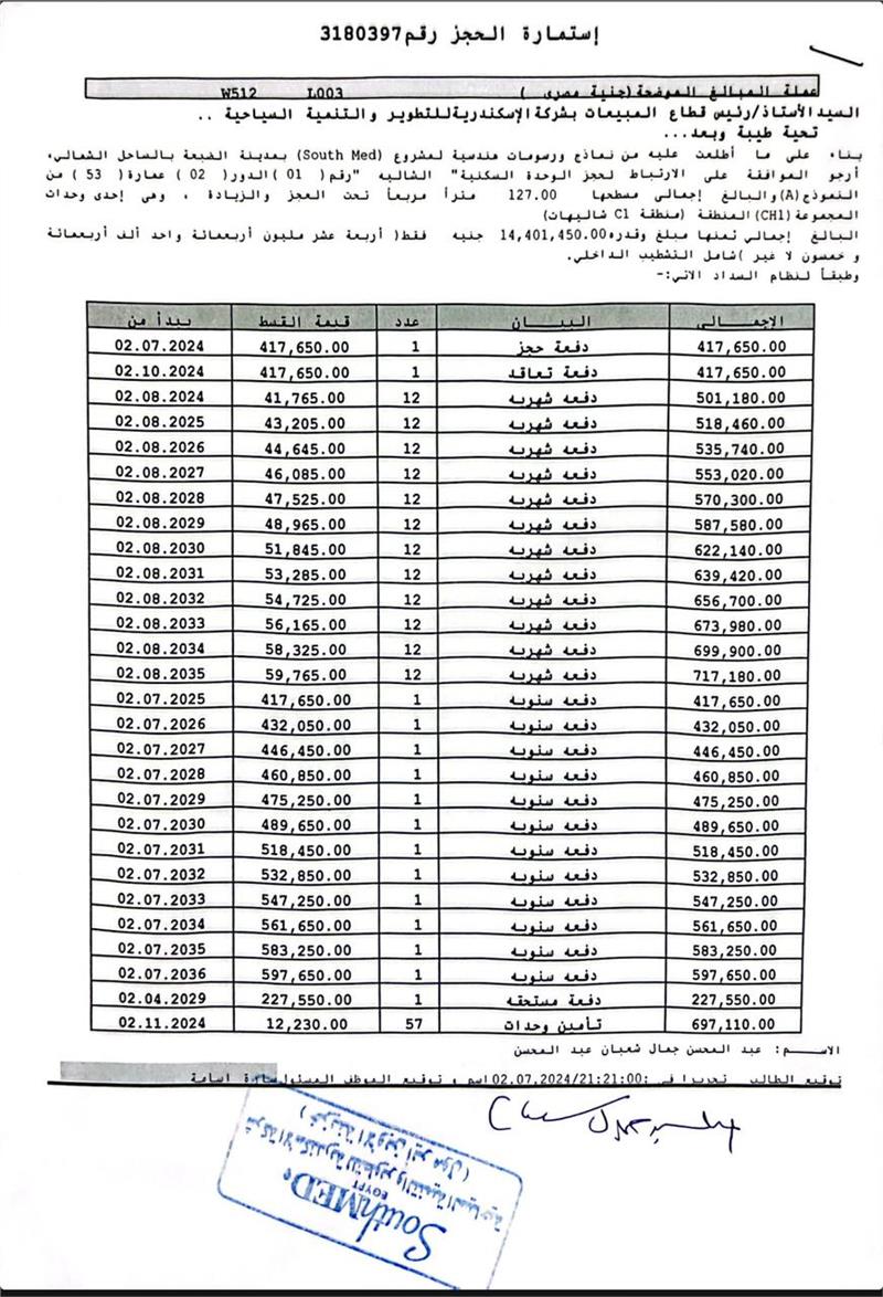 شالية فى ساوث ميد 127 م2 شرقى للبيع تقسيط كود 52825