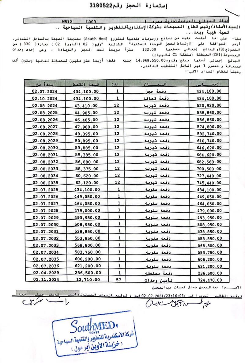 شالية فى ساوث ميد 132 م2 بحرى للبيع تقسيط كود 52827