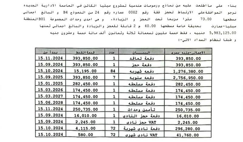 شقة فى العاصمة الادارية الجديدة 73 م2 شرقى للبيع تقسيط كود 53124