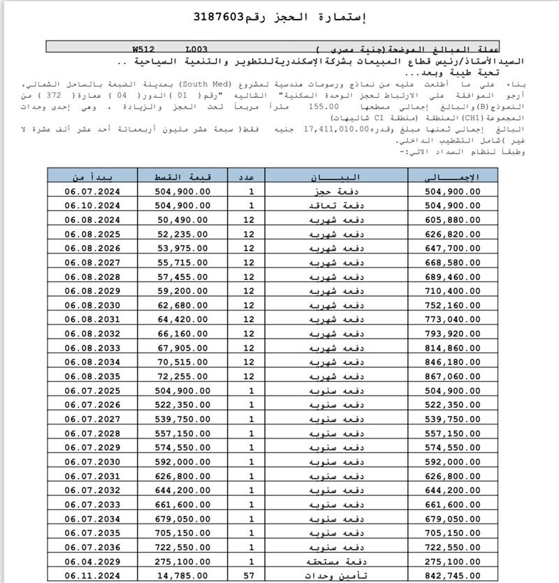 شالية فى ساوث ميد 155 م2 بحرى للبيع تقسيط كود 53177
