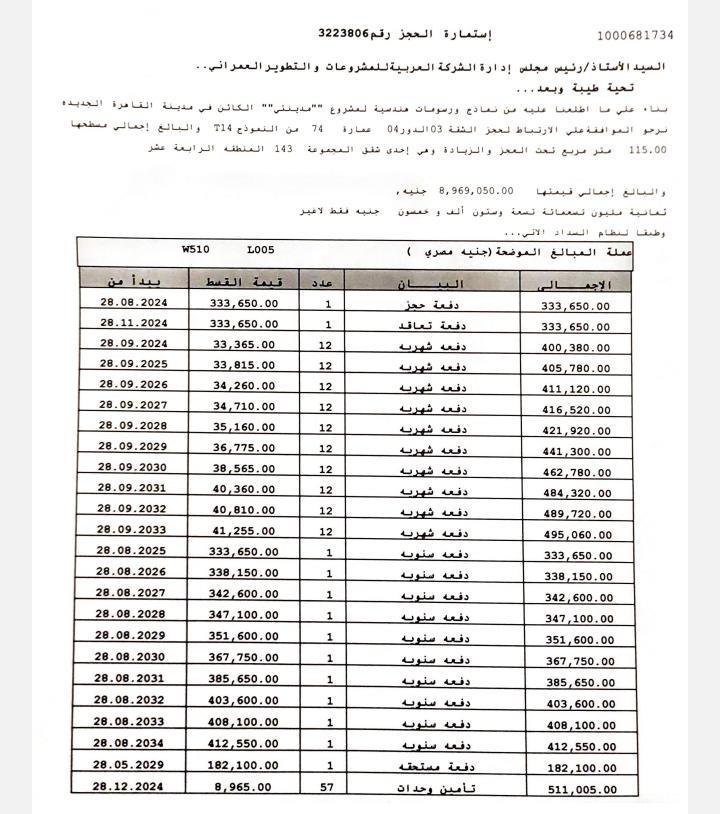 شقة فى مدينتى  115 م2 للبيع تقسيط كود 53193