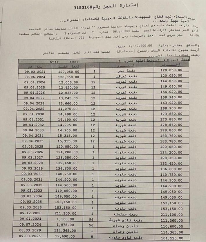 شقة فى مشروع نور - حدائق العاصمة الادارية 67 م2 غربى للبيع تقسيط كود 53226