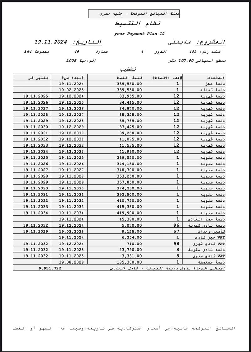 شقة فى مدينتى  107 م2 بحري وشرقي للبيع تقسيط كود 53784