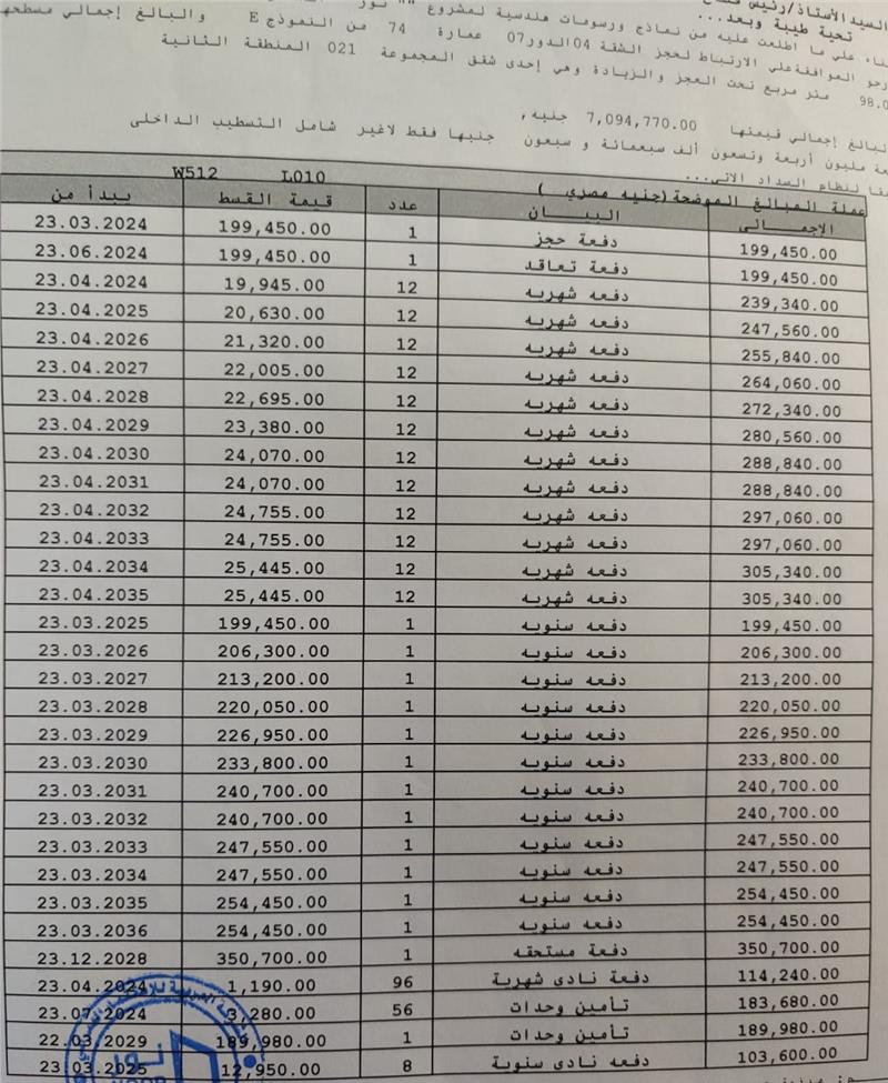 شقة فى مشروع نور - حدائق العاصمة الادارية 98 م2 غربى للبيع تقسيط كود 53796