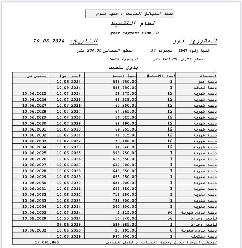 فيلا فى مشروع نور - حدائق العاصمة الادارية 203 م2 بحرى للبيع تقسيط كود 54340