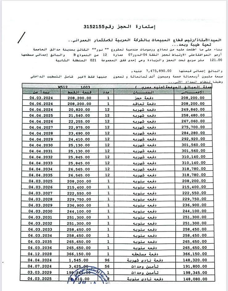 شقة فى مشروع نور - حدائق العاصمة الادارية 121 م2 بحرى للبيع تقسيط كود 54447