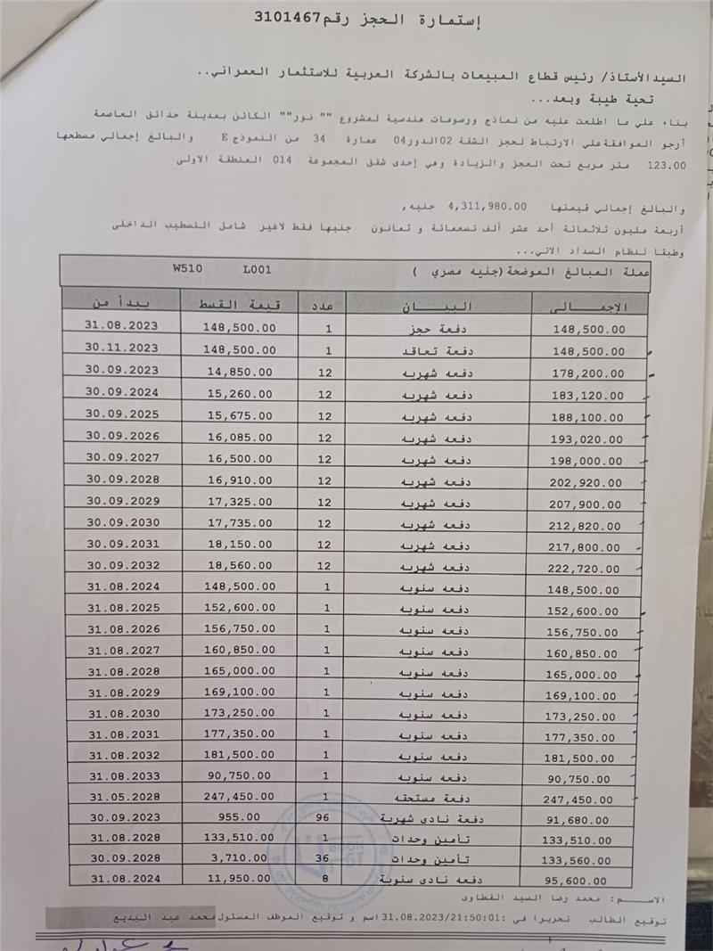 شقة فى مشروع نور - حدائق العاصمة الادارية 123 م2 بحرى للبيع تقسيط كود 54672