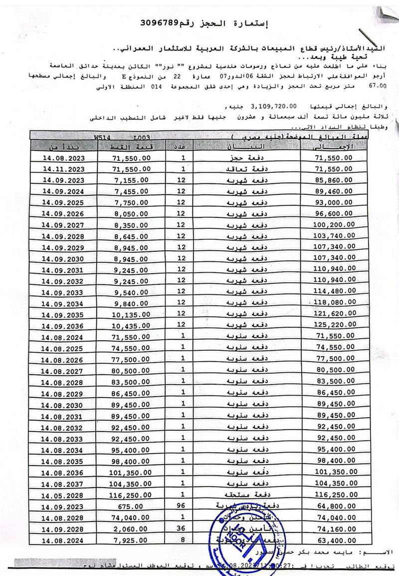 شقة فى مشروع نور - حدائق العاصمة الادارية 67 م2 للبيع تقسيط كود 54839